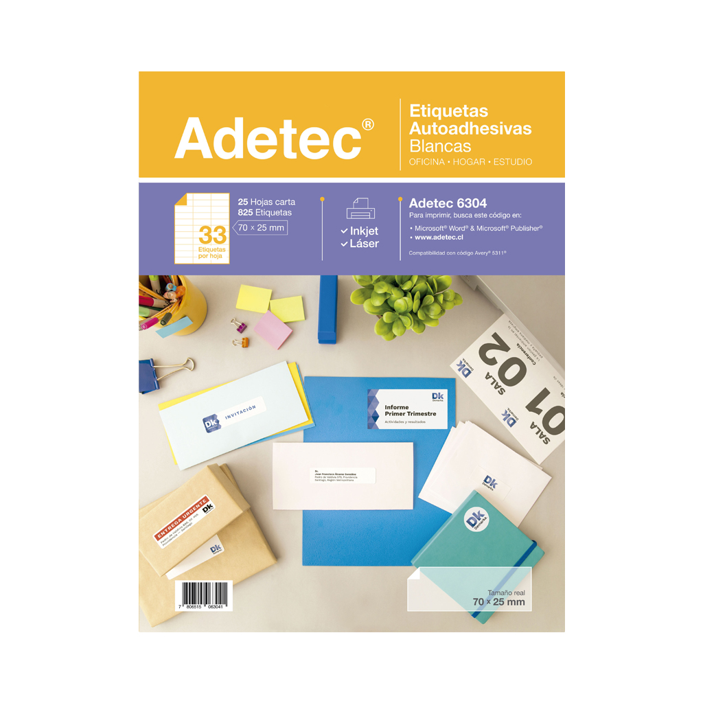 ETIQUETA LASER INK-JET ADETEC 70 x 25 mm 25 Hjs 