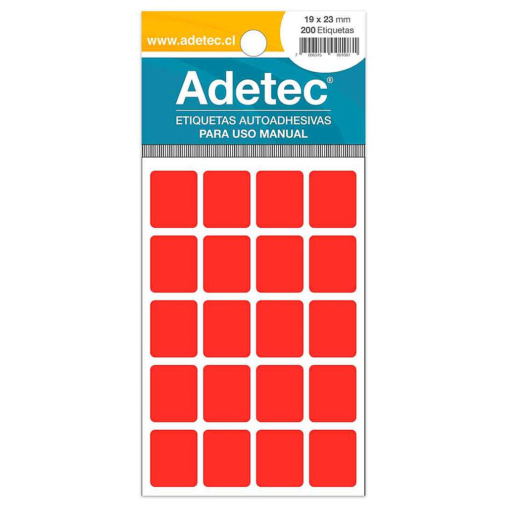 ETIQUETA ADETEC FLUORECENTE ROJO 19 X 23 mm.