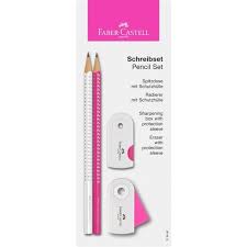 SET SPARKLE LAPICES GRAFITO FABER  CORAL Y BLANCO MAS GOMA Y SACAPUNTA