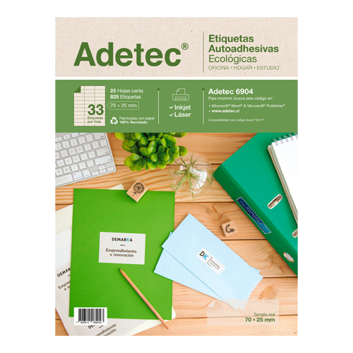 ETIQUETA ADETEC LASER INJET CARTA ECOLÓGICA 70 X 25  10 Hjas.