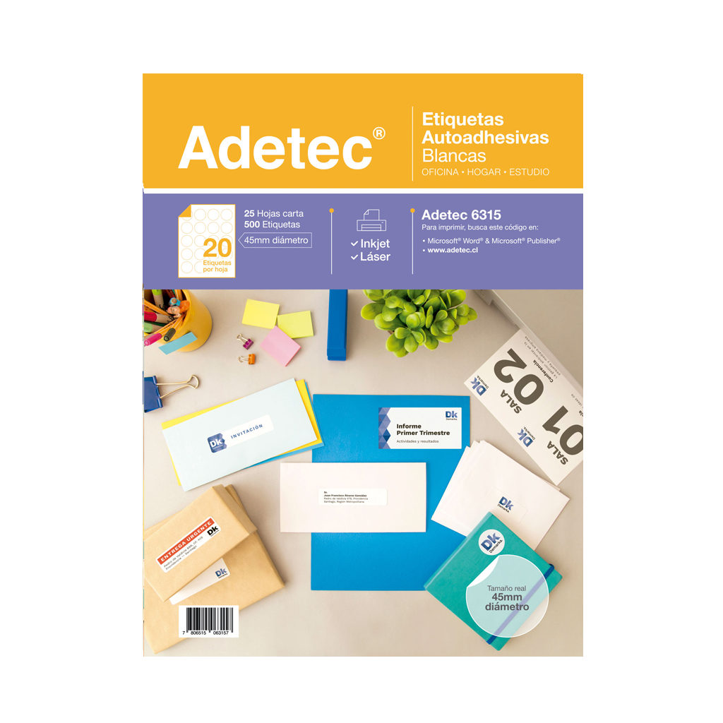 ETIQUETA LASER INK-JET ADETEC CIRCULAR 45mm. 25 Hjs