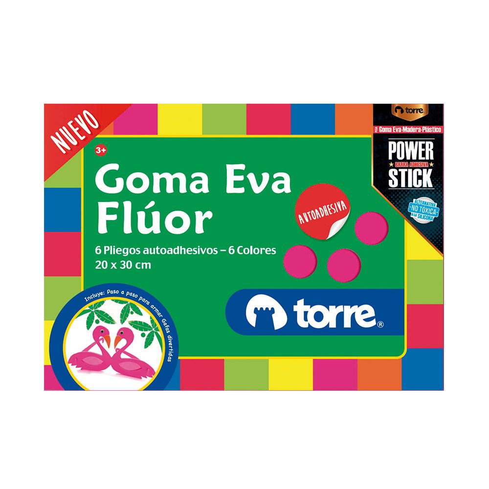 ESTUCHE TORRE GOMA EVA FLUOR AUTOADHESIVOS 6 COL.