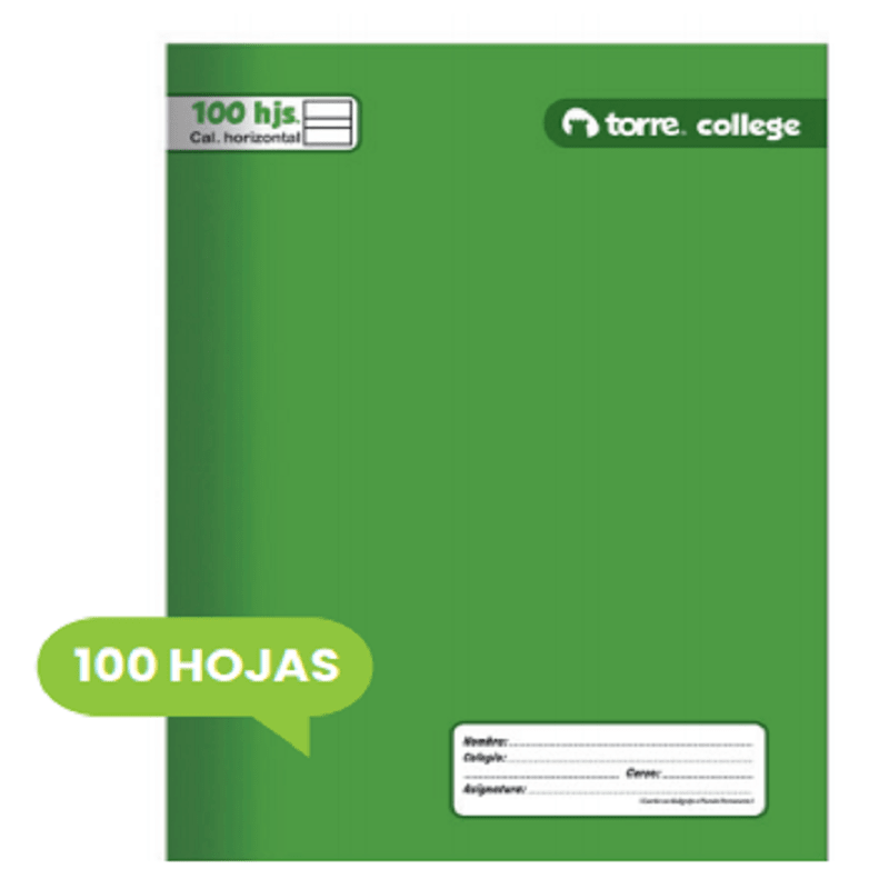 CUADERNO TORRE COLLEGE LISO CALIGRAFIA HORIZONTAL 100 Hjs 