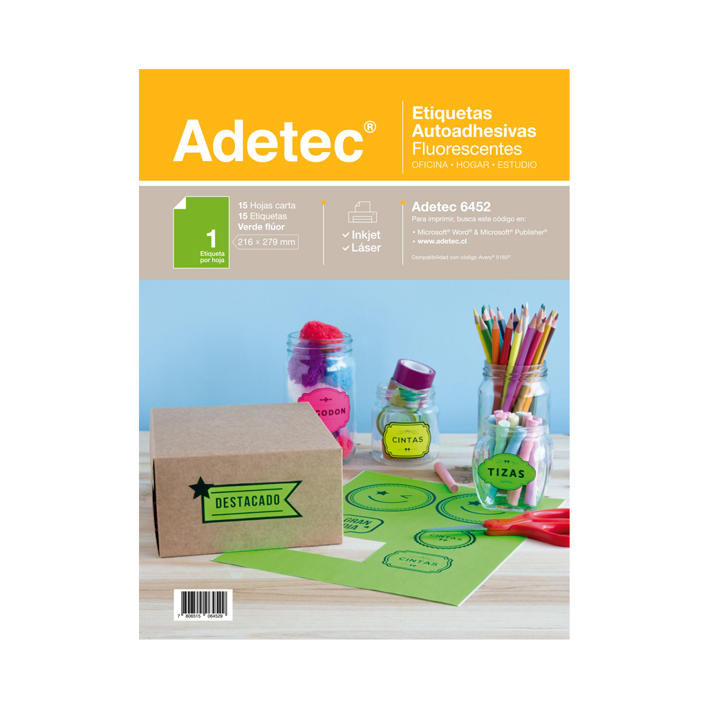 ETIQUETA LASER INK-JET ADETEC CARTA VERDE FLUOR  6452 216x279mm 15Hjs