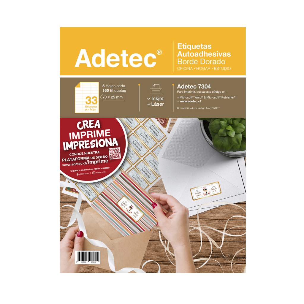 ETIQUETA LASER INK-JET ADETEC BORDE DORADA 70x25mm 5hjs