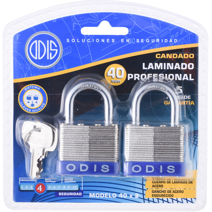 CANDADO LAMINADO ODIS X2UNID. LLAVES IGUALES 40mm.