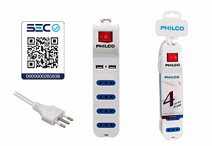 ALARGADOR MULTIPLE PHILCO 4 ENCHUFES 2 USB 1.5MTS BLANCO XT41