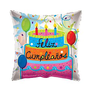 GLOBO GLAM LISO N° 18 TORTA "FELIZ CUMPLEAÑOS" CUADRADO 1Unid. 