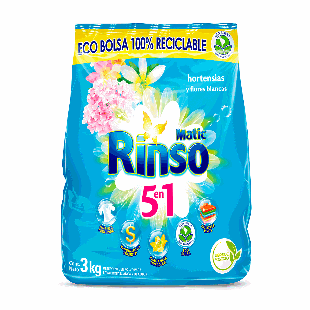 DETERGENTE RINSO MATIC HORTENCIAS Y FLORES BLANCAS 3 KILOS