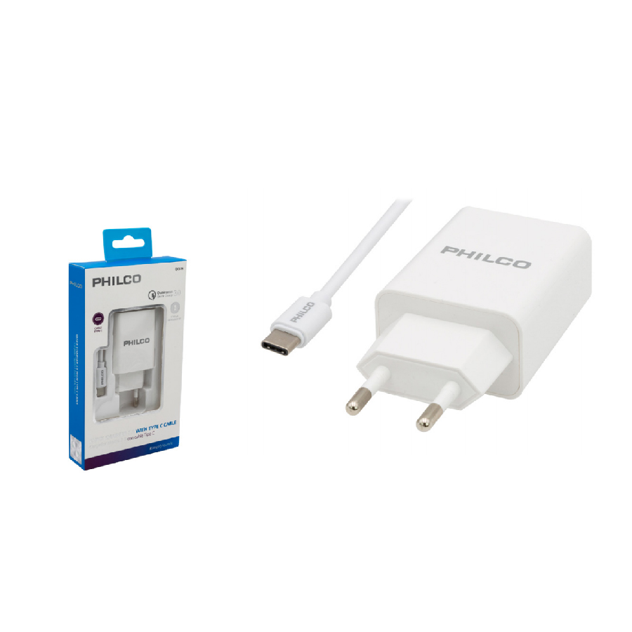 CARGADOR DE CELULAR PHILCO CARGA RAPIDA CON CABLE USB A TIPO-C QC619