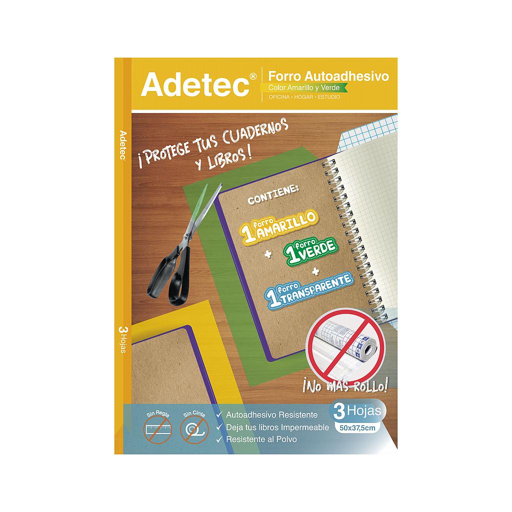 FORRO AUTOADHESIVO ADETEC PARA CUADERNOS TRANSP. AMARILLO Y VERDE 3Hjs 50x37,5cms ( DESC. )