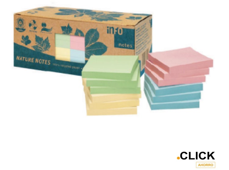 NOTAS ADHESIVAS MEMO STICK INFO ECOLOGICO 75X75MM 100HJS. DIF. COLORES