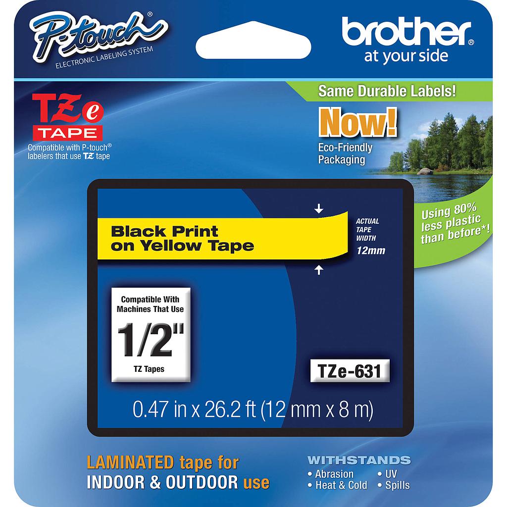 CINTA ROTULADORA BROTHER TZE-631 (12mm x 8 M) TIPO LAMINADA NEGRO SOBRE AMARILLO
