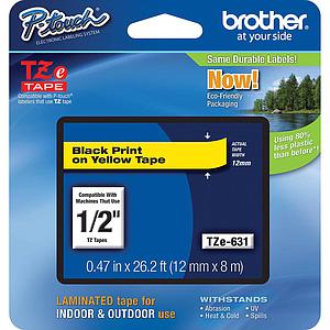 CINTA ROTULADORA BROTHER TZE-631 (12mm x 8 M) TIPO LAMINADA NEGRO SOBRE AMARILLO