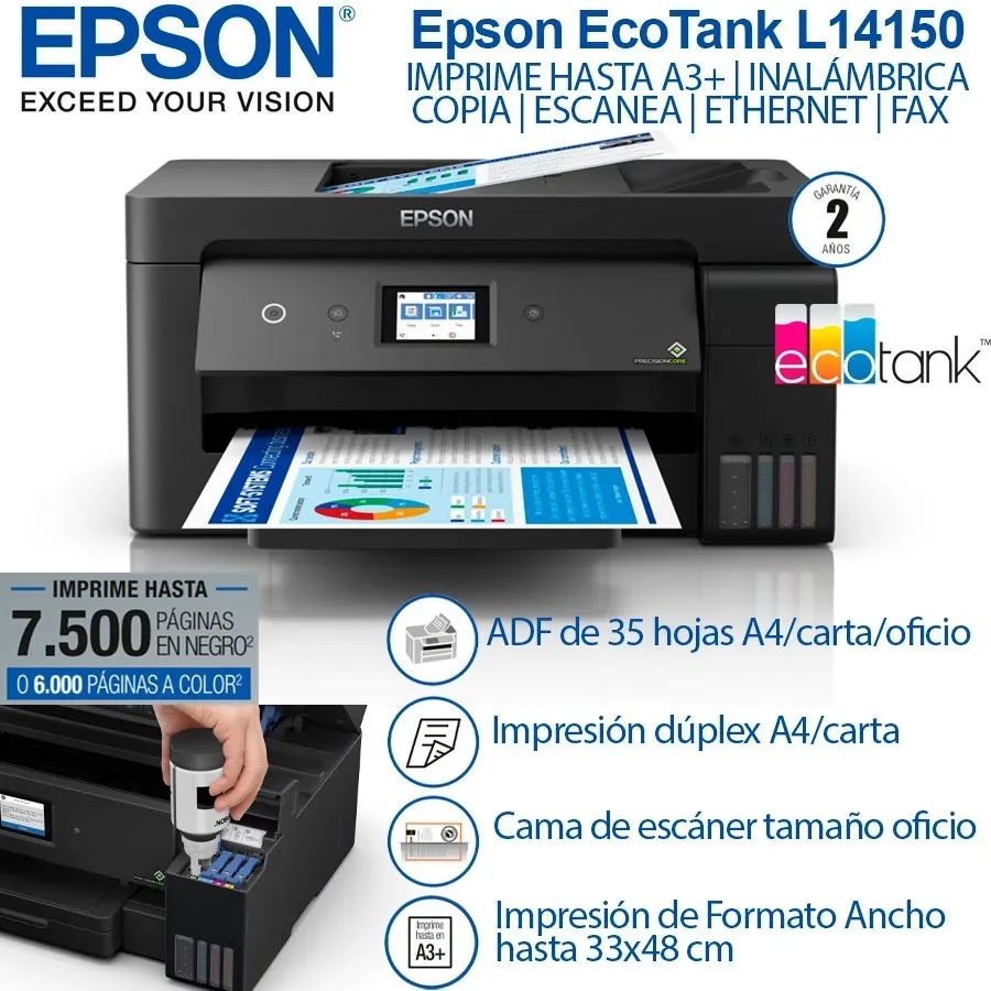 IMPRESORA MULTIFUNCIONAL EPSON ECOTANK L14150  ADF/WIFI/DUPLEX/ETHERNET/FAX HASTA A3+
