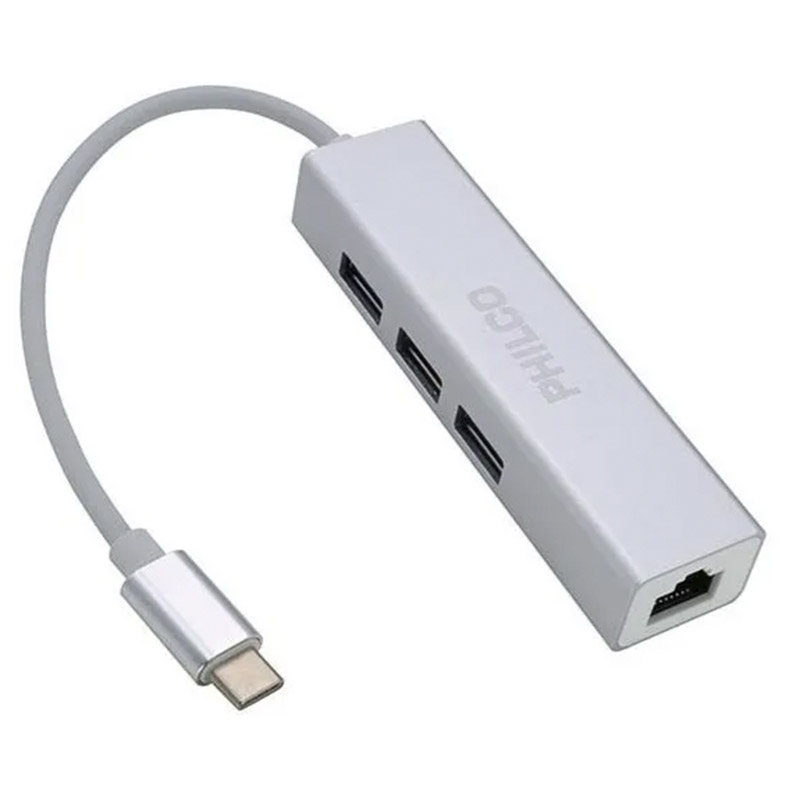 HUB USB TIPO C PHILCO CON 3 PUERTOS USB 3.0 Y 1 PUERTO RJ45