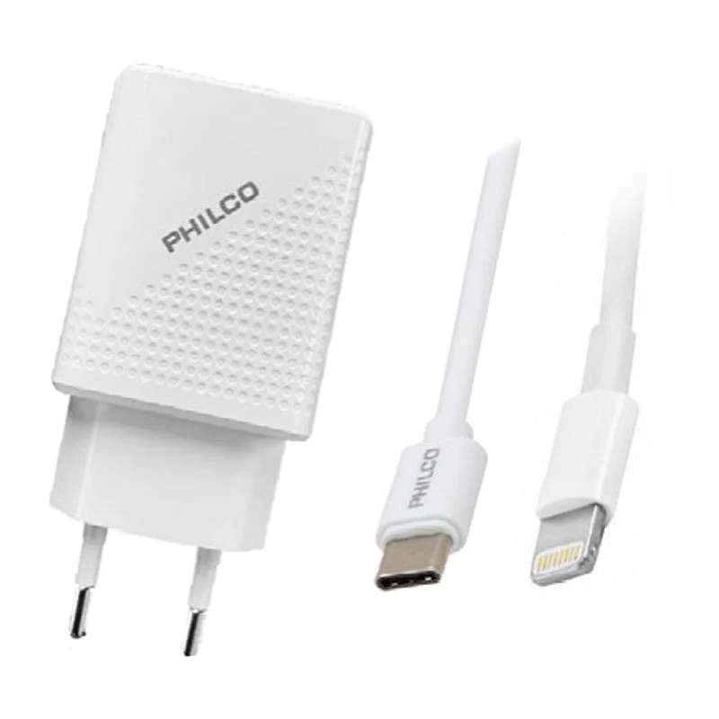 CARGADOR RAPIDO PHILCO PUERTO TIPO-C Y CABLE LIGHTNING QC624