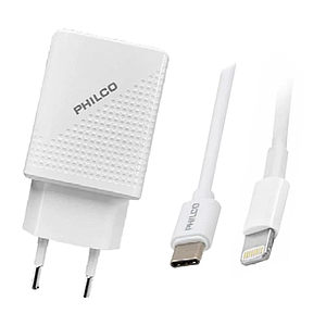 CARGADOR RAPIDO PHILCO PUERTO TIPO-C Y CABLE LIGHTNING QC624