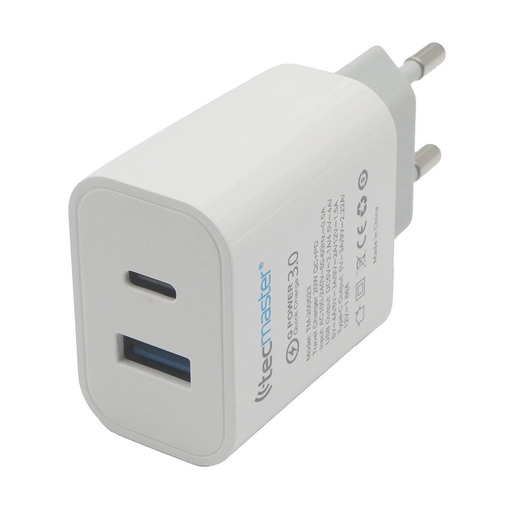 CARGADOR DE CELULAR TECMASTER DOBLE PTO. CARGA RAPIDA  USB A - USB TIPO C 20W C/CABLE TM-200523-1