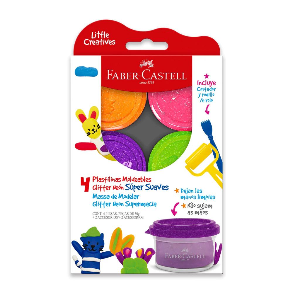 MASA MOLDEABLES FABER SÚPER SUAVES ESTUCHE X4 GLITTER NEÓN