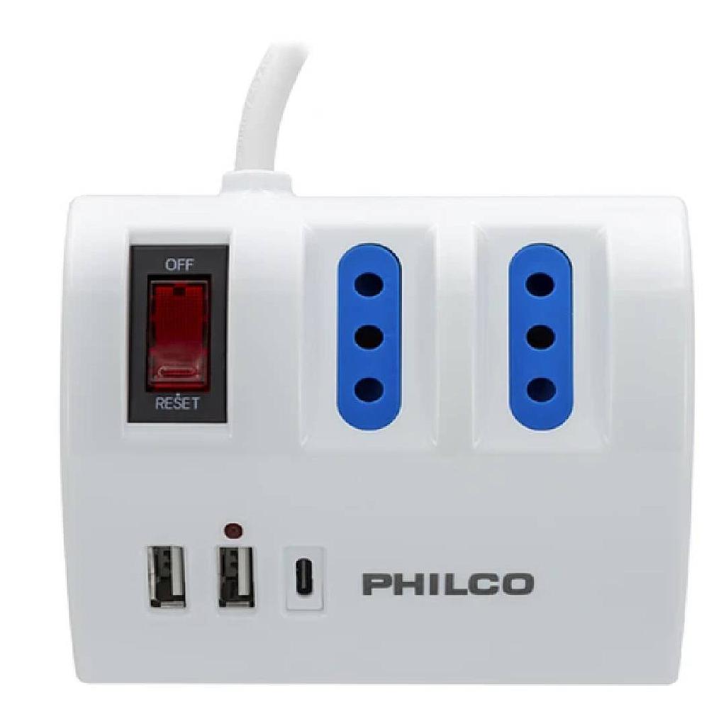 EXTENSION 3 TOMAS 220V 2 USB-A 1 USB-C PHILCO 2044B 1.5 MTS BLANCO