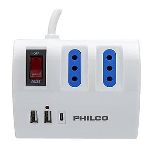 EXTENSION 3 TOMAS 220V 2 USB-A 1 USB-C PHILCO 2044B 1.5 MTS BLANCO