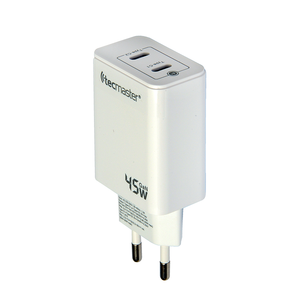 CARGADOR DE CELULAR TECMASTER CARGA RAPIDA 45W 2 TIPO C TM-200541-WH