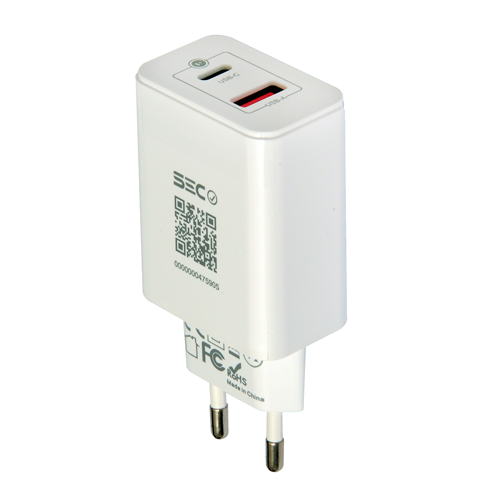 CARGADOR DE CELULAR TECMASTER CARGA RAPIDA 45W TIPO C/USB A TM-200540-WH