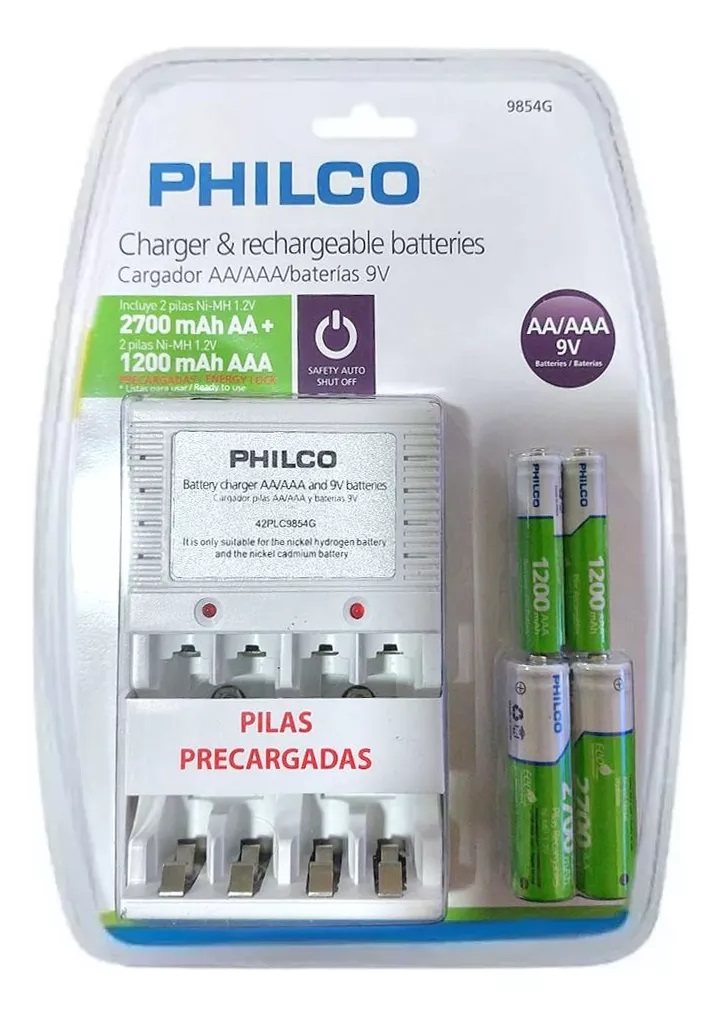 CARGADOR DE PILAS PHILCO INCLUYE 2 PILAS AAA Y 2 PILAS AA