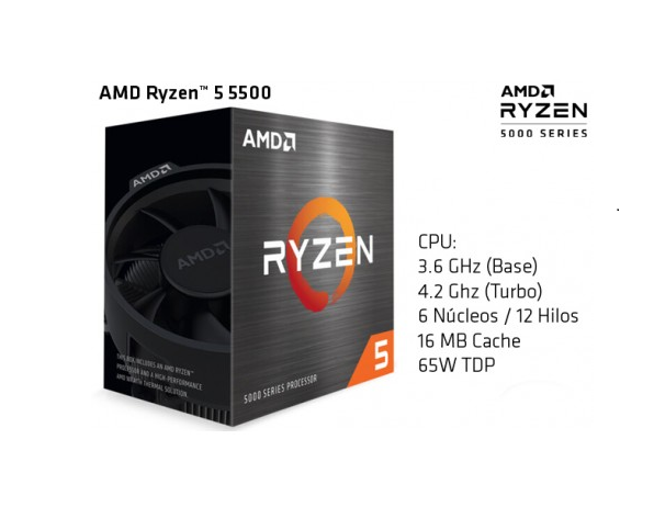 PROCESADOR AMD RYZEN 5 5500 6CORE, 12 HILOS 4.2GHZ MAX 3.6GHZ/19MB CACHE/AM4 NO GRAPHICS
