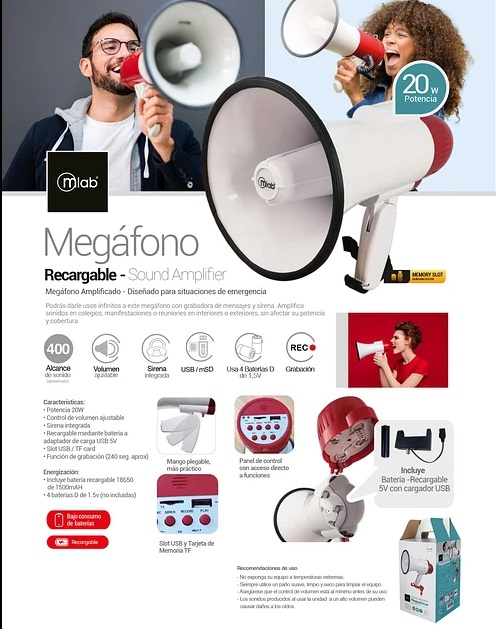 MEGÁFONO MLAB 20W RECARGABLE 400 MTS