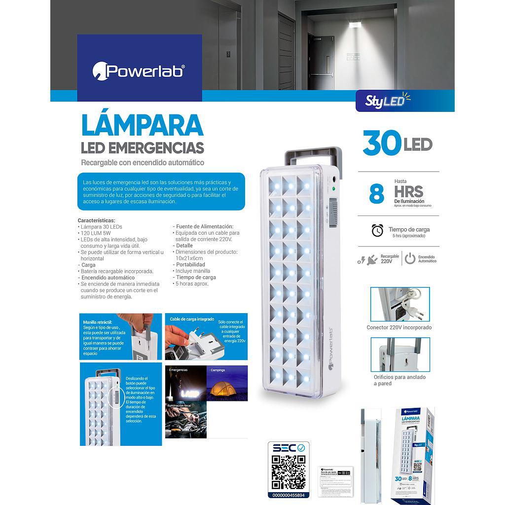 LAMPARA DE EMERGENCIA POWERLAB 30LED RECARGABLE