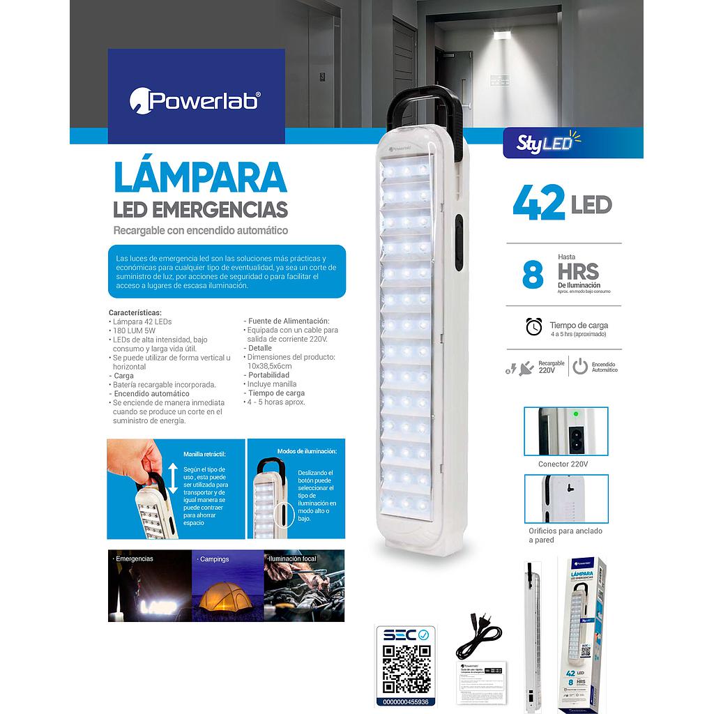 LAMPARA DE EMERGENCIA POWERLAB 42 LED RECARGABLE