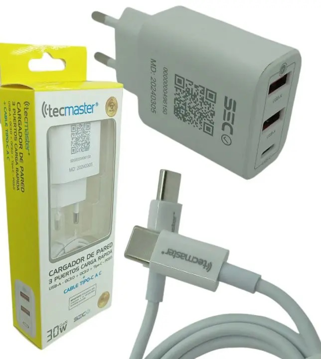 CARGADOR TECMASTER 3 PUERTOS CARGA RAPIDA USB A - USB C + CABLE TIPO-C A C 30W