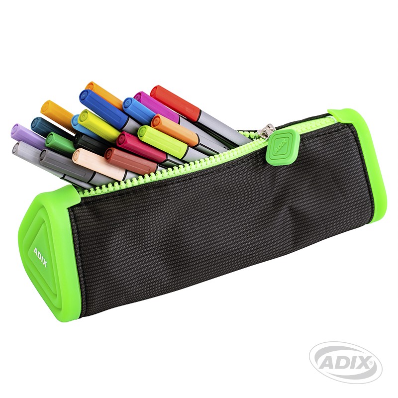 ESTUCHE ESCOLAR ADIX NEGRO POLIESTER C/BORDE DE SILICONA VERDE(A503237) ( DESC. )