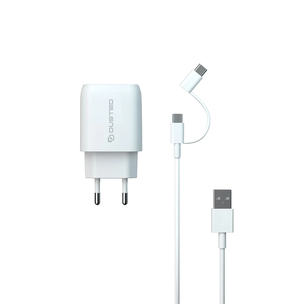 CARGADOR DE CELULAR DUSTED CARGA RAPIDA 20W 2 PUERTOS USB-C Y USB-A CON CABLE 2 EN 1
