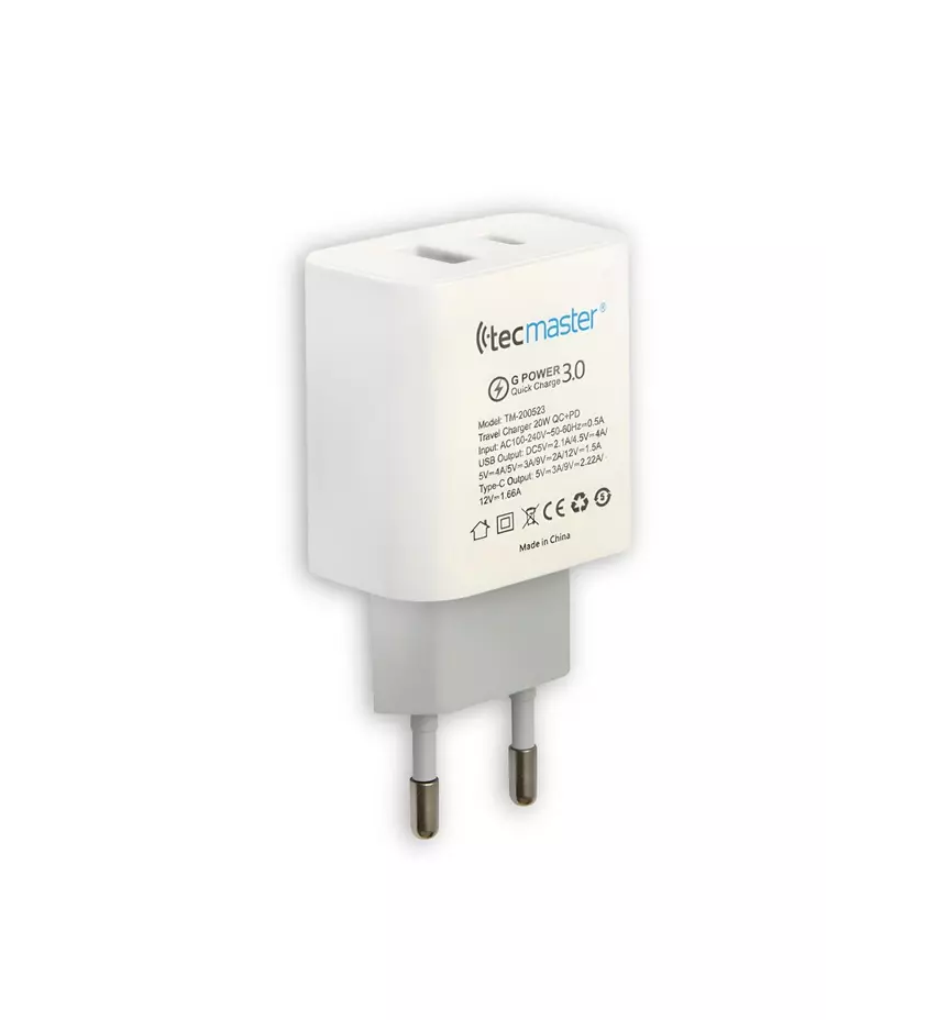CARGADOR DE CELULAR TECMASTER DOBLE PTO. CARGA RAPIDA USB A - USB TIPO C 20W  TM-200523
