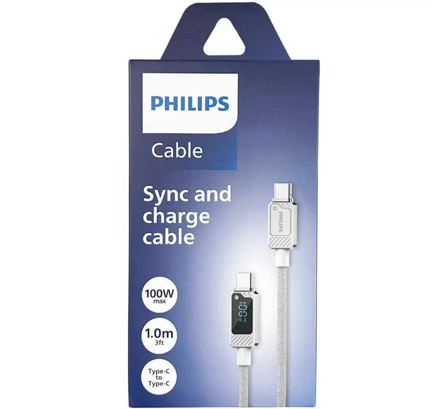 CABLE PHILIPS  TRENZADO UBS C 3.2 A USB C  100WS 1 MT PANTALLA LED  BLANCO