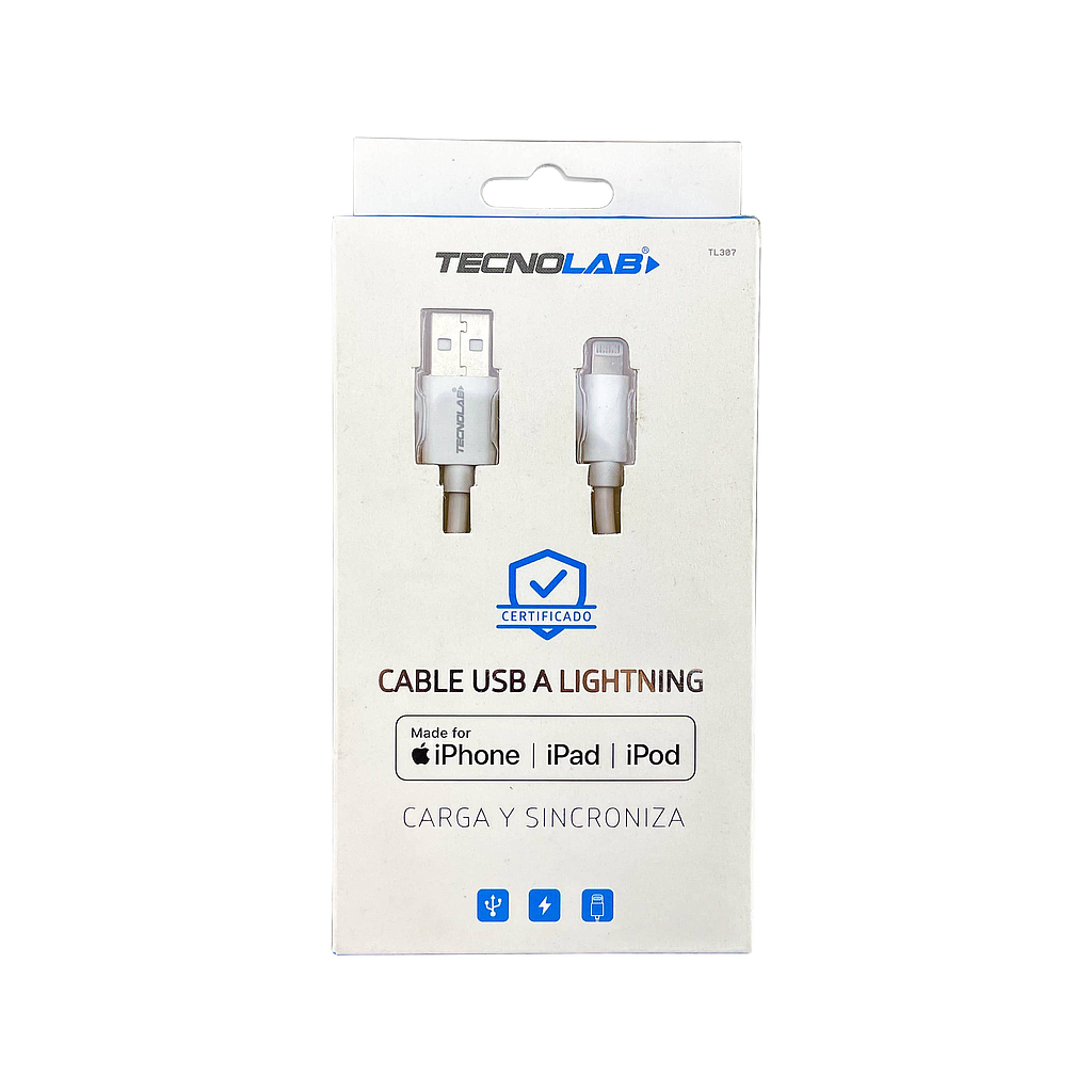 CABLE DE IPHONE Y IPAD TECNOLAB USB A LIGHTNING CERTIFICADO BLANCO 03-TL307W