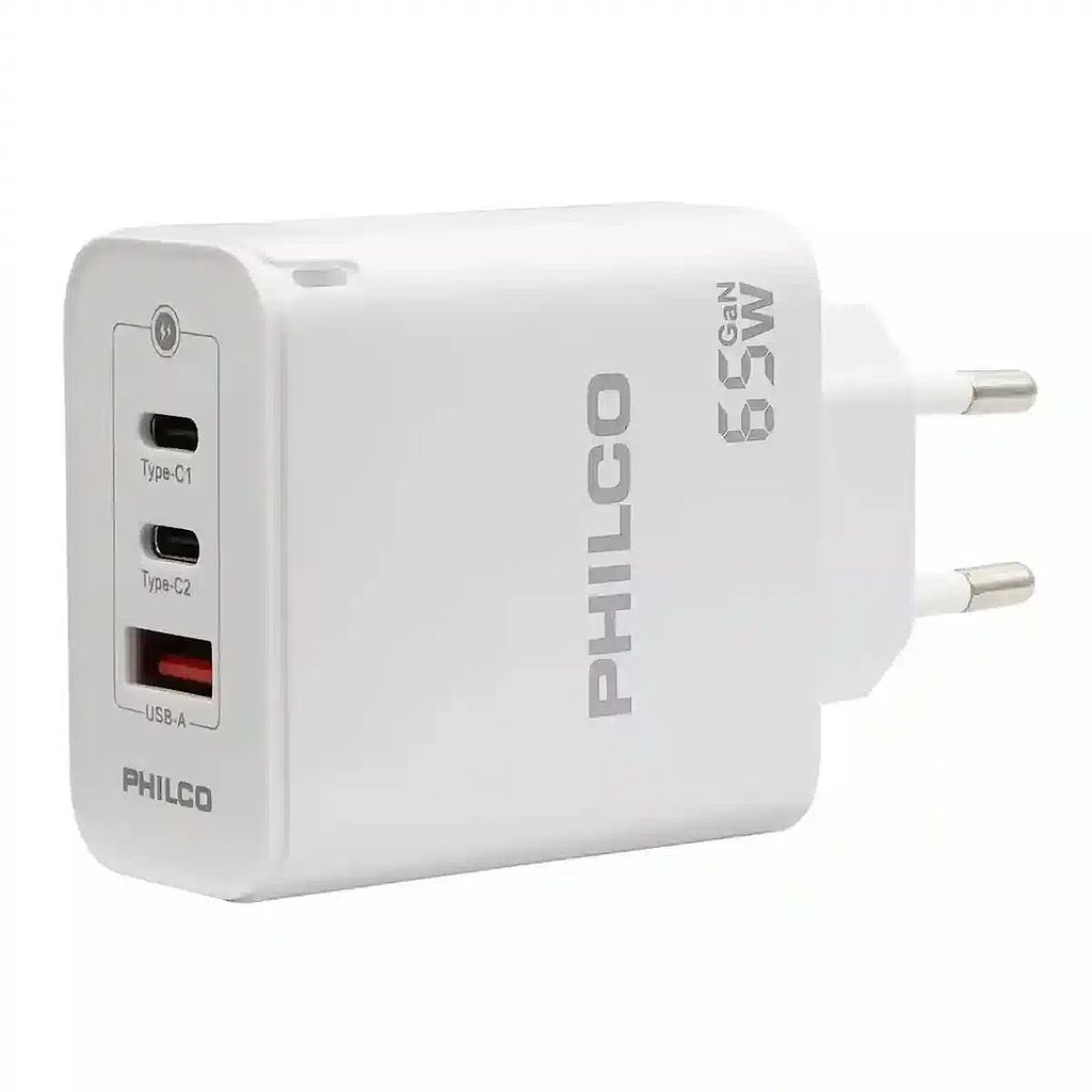 CARGADOR DE CELULAR PHILCO CARGA RAPIDA DE 65W USB A Y TIPO C