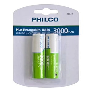 BLISTER PILAS RECARGABLES 18650 PHILCO LITIO-ION 3.7Vx2 3000mAh