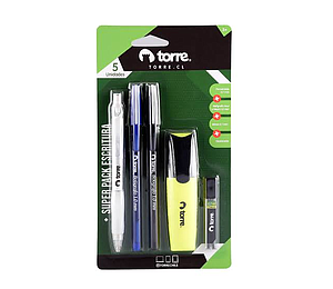 SET SUPER PACK TORRE LÁPIZ PASTA AZUL/NEGRO+PORTAMINA 0.7+REPTO MINAS+DESTACADOR