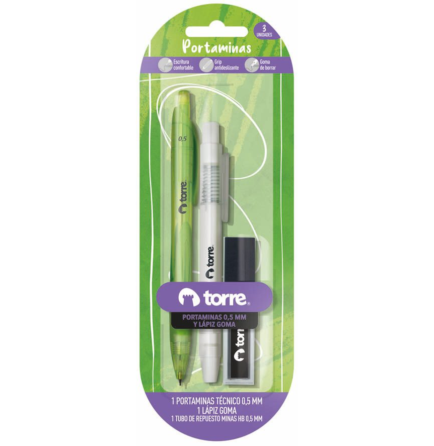 SET  PORTAMINAS TORRE 0.5MM+ LAPIZ GOMA + MINAS 