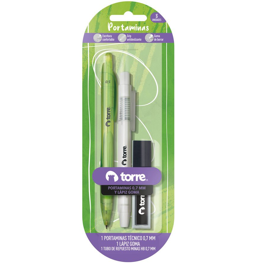 SET PORTAMINAS TORRE 0.7MM+ LAPIZ GOMA + MINAS
