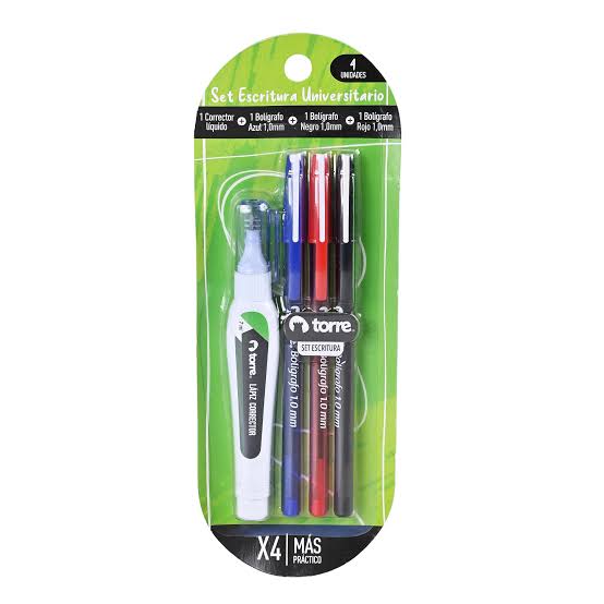 SET ESCRITURA UNIVERS. TORRE CORRECTOR+BOLIGRAFO 1.0MM AZUL/NEGRO/ROJO
